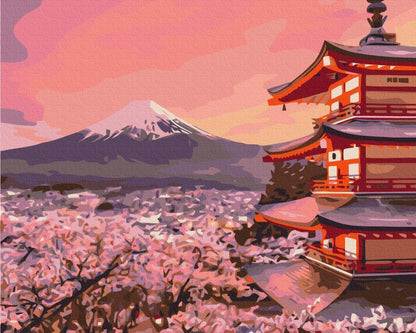 Malen nach Zahlen - A temple against the backdrop of Mount Fuji