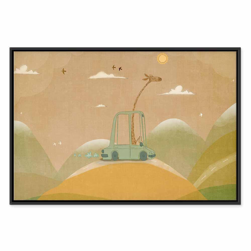 Leinwandbild - Dreamy Traveler - A Cheerful Giraffe Driving a Car on a Sunny Day