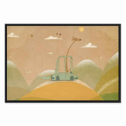 Leinwandbild - Dreamy Traveler - A Cheerful Giraffe Driving a Car on a Sunny Day