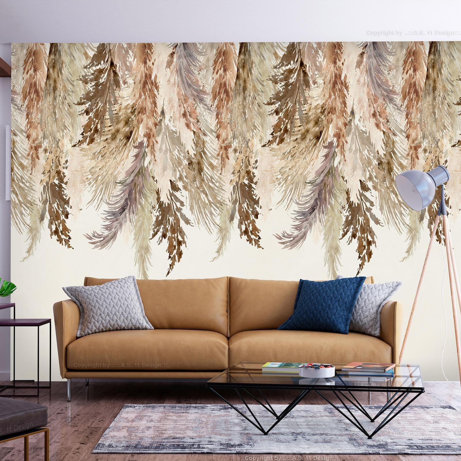 Fototapete - Minimalist boho landscape - dangling leaves in beige colours Artgeist