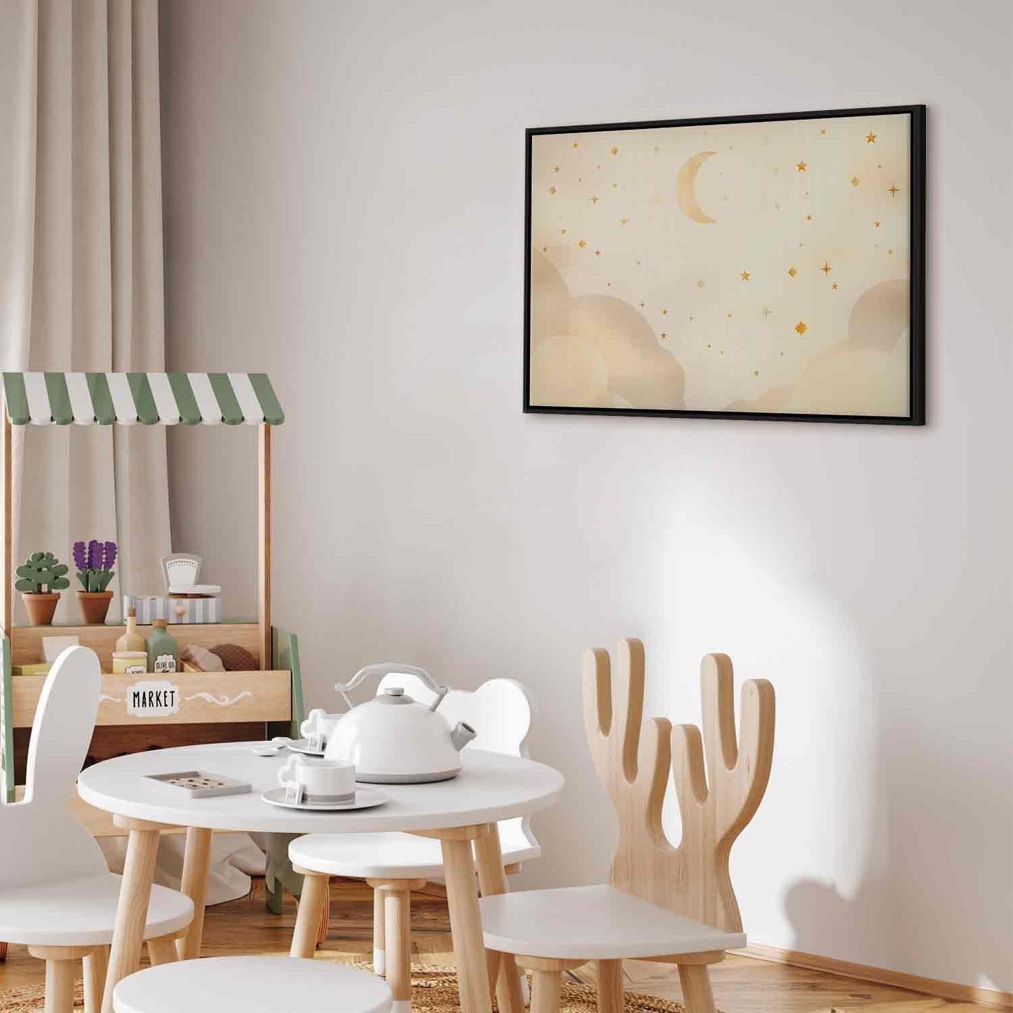 Leinwandbild - Bright Night - Moon Accompanied by Many Stars on a Light Background