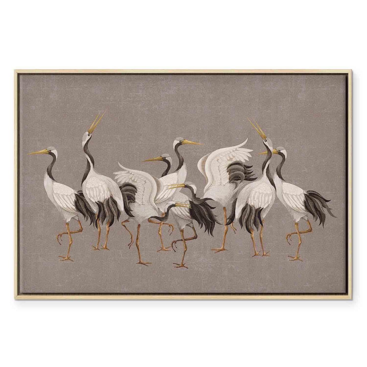Leinwandbild - Crane dance – bright silhouettes of birds against a warm grey background with texture