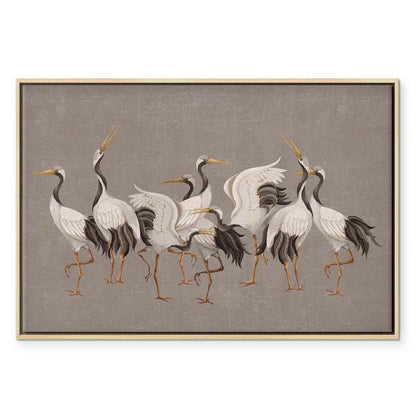 Leinwandbild - Crane dance – bright silhouettes of birds against a warm grey background with texture