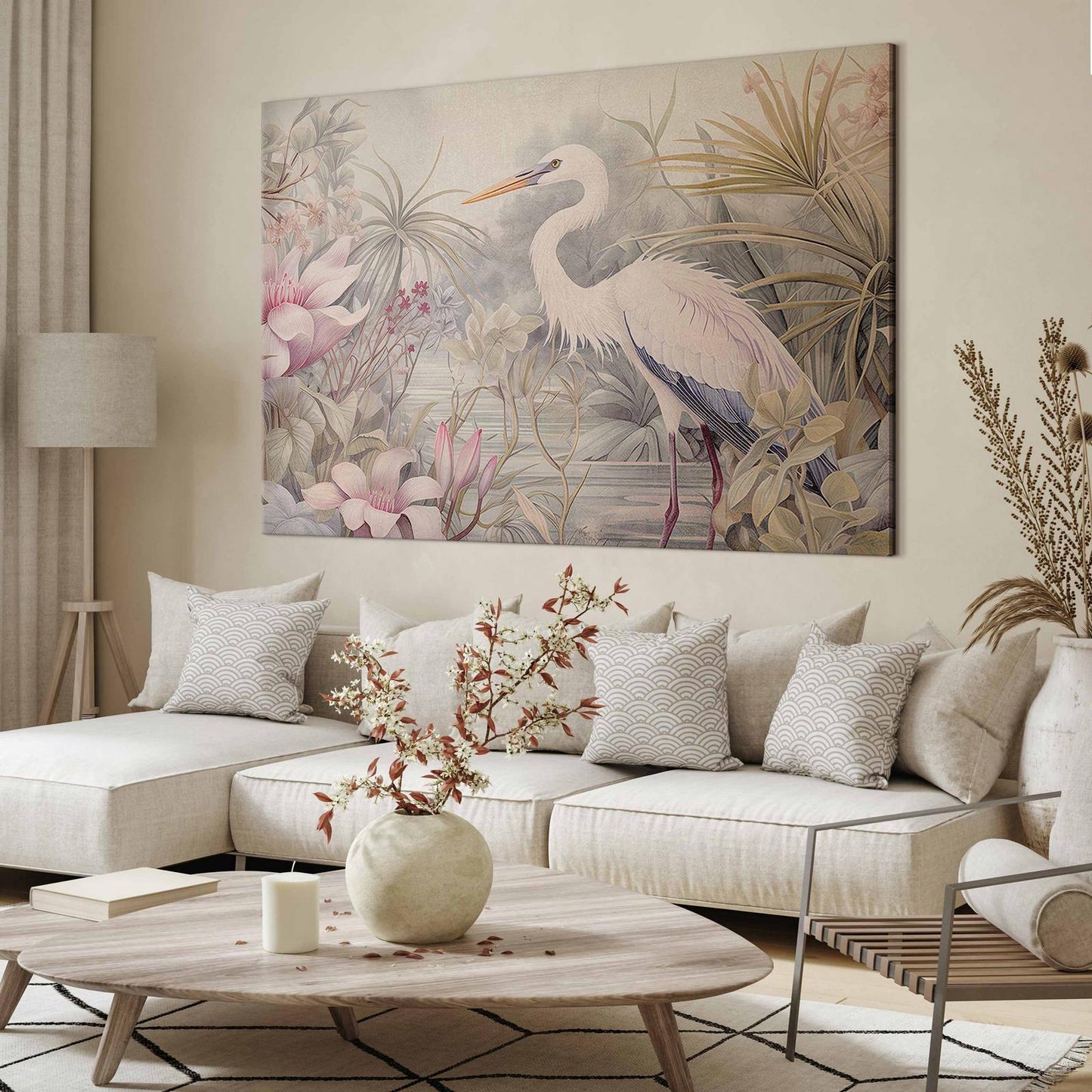 Wandbild XXL - Heron wading in a pond - illustration in bright colours