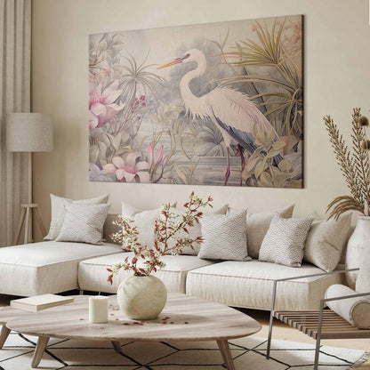 Wandbild XXL - Heron wading in a pond - illustration in bright colours