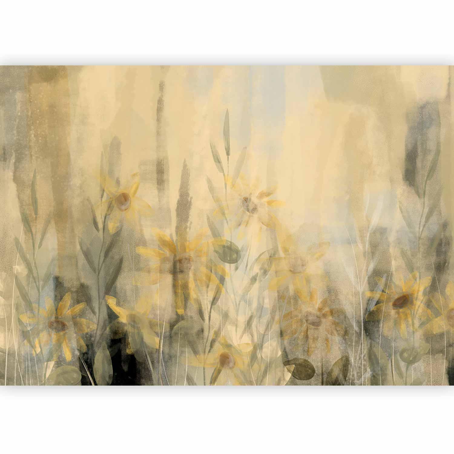 Fototapete - A touch of summer - floral motif with a meadow full of yellow flowers and grasses Artgeist