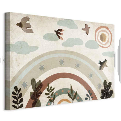 Leinwandbild - Rainbow and Sun Above - Birds in Subdued Colors Flying Among Clouds Above a Rainbow and Various Plants on a Light Background