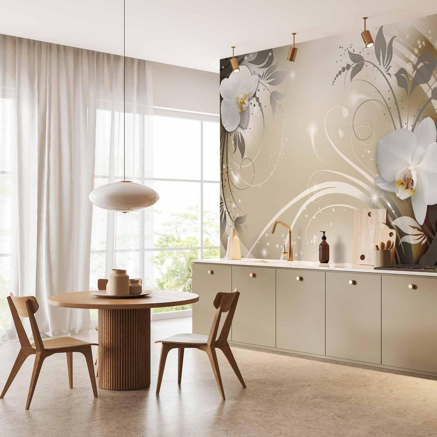 Fototapete Goldene Orchideen - Elegante Blütenpracht mit Goldakzenten