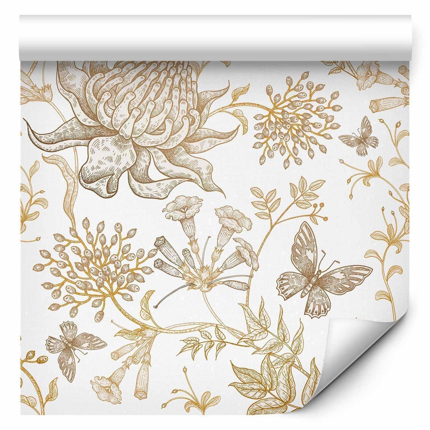 Tapete - Beige flowers and butterflies on white background