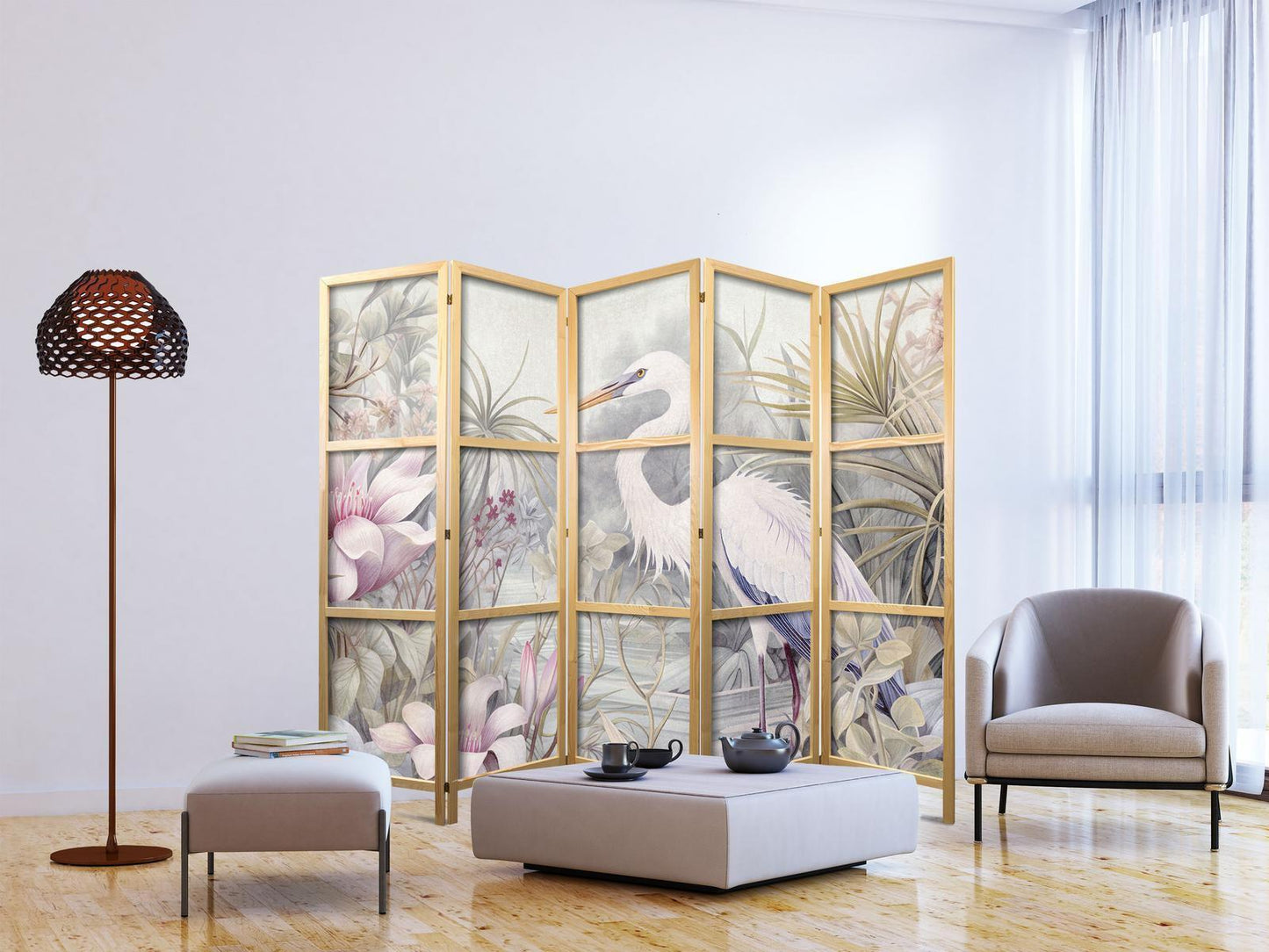 Japanischer Paravent - Heron wading in a pond – illustration in bright colours