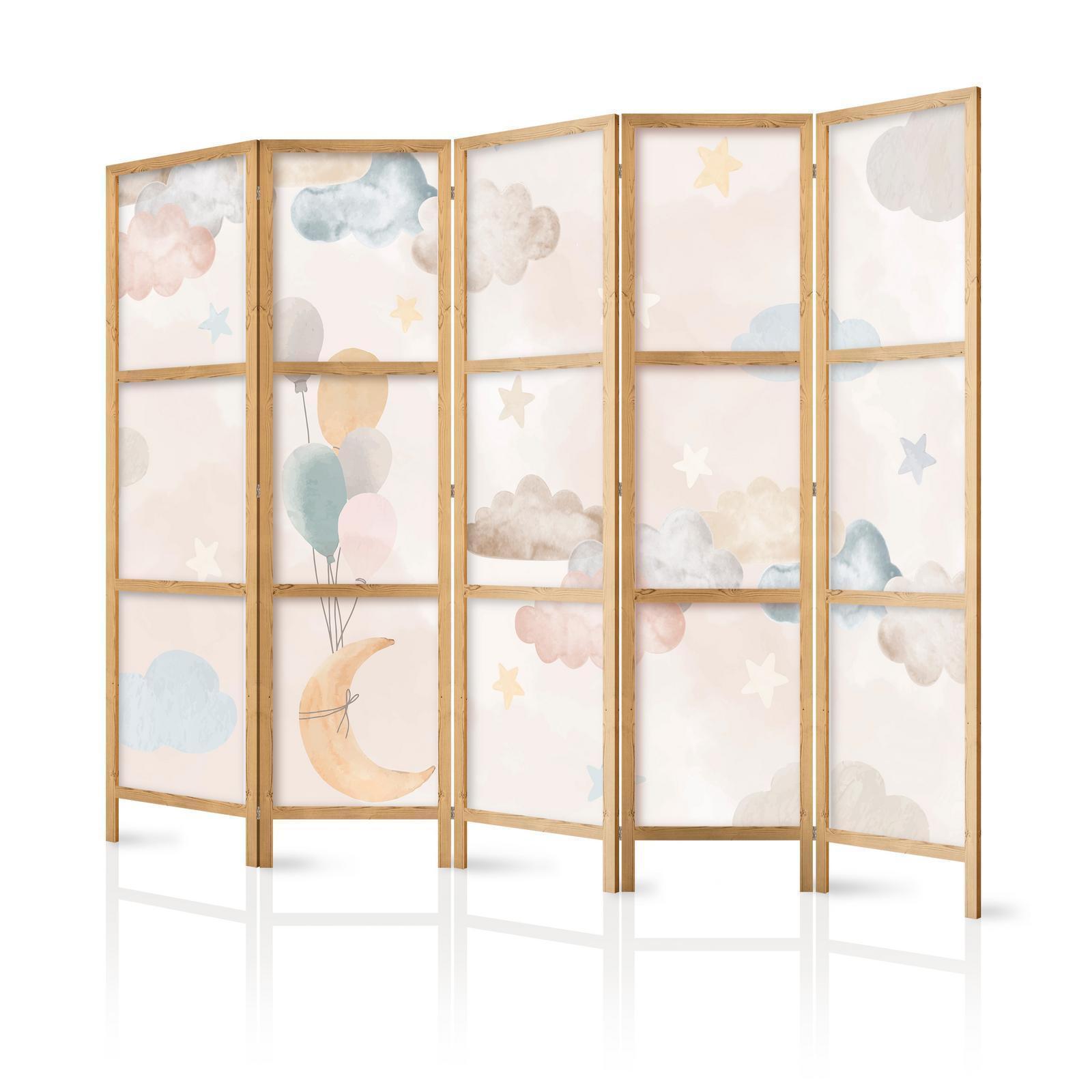 Japanischer Paravent - Fairy-Tale Moon - Moon with balloons among clouds and stars in subdued colors on a light beige background Artgeist