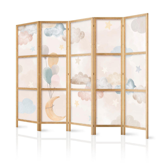 Japanischer Paravent - Fairy-Tale Moon - Moon with balloons among clouds and stars in subdued colors on a light beige background Artgeist