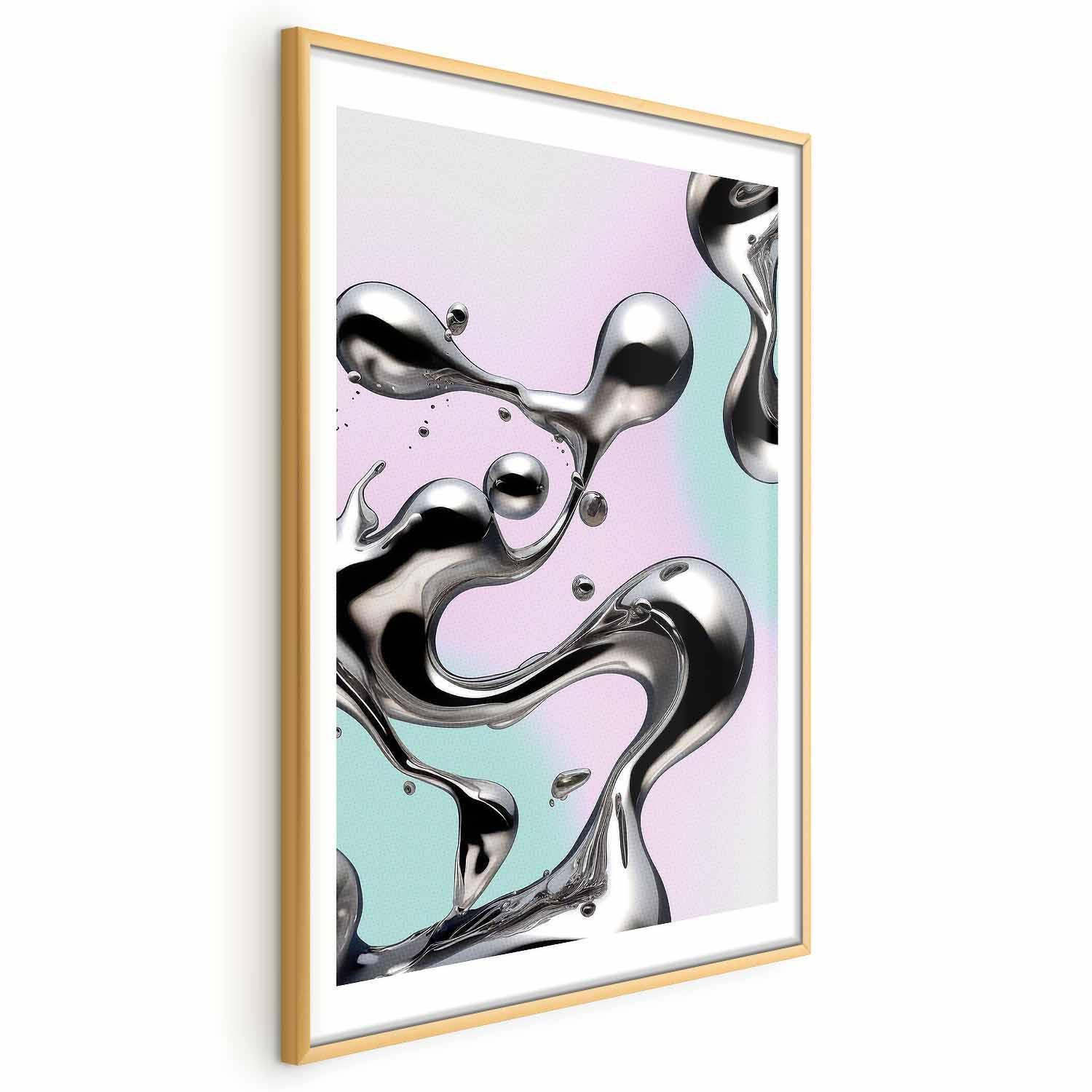 Poster - Metallic Fluidity - abstract silver forms on a mint-purple background Artgeist