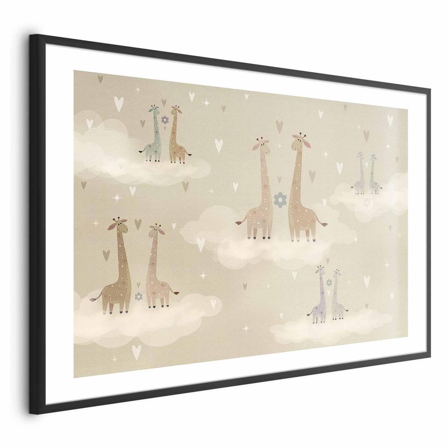 Poster featuring cute giraffes in a loving scene, ideal for home decor.
