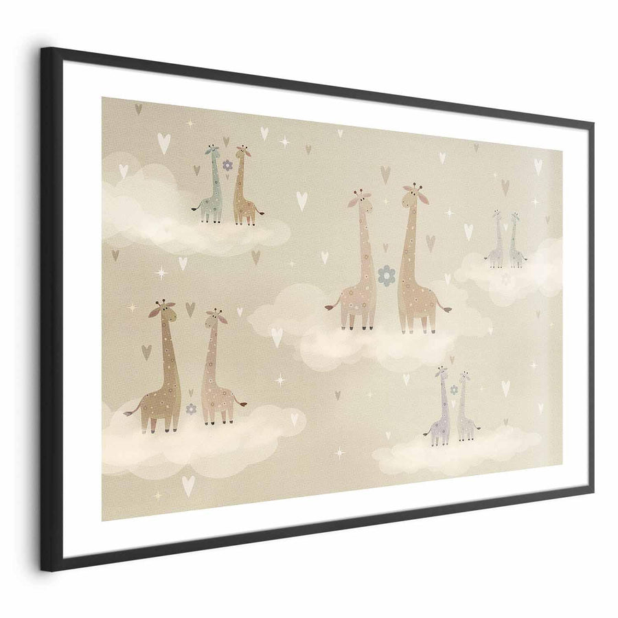 Poster featuring cute giraffes in a loving scene, ideal for home decor.