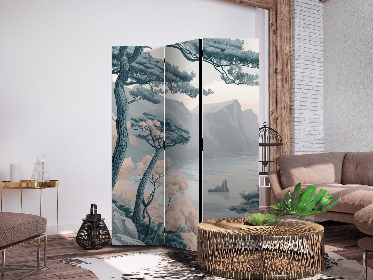 Paravent - Mountainous Coast with Trees and Rocks - in Light Pastel Blues Artgeist
