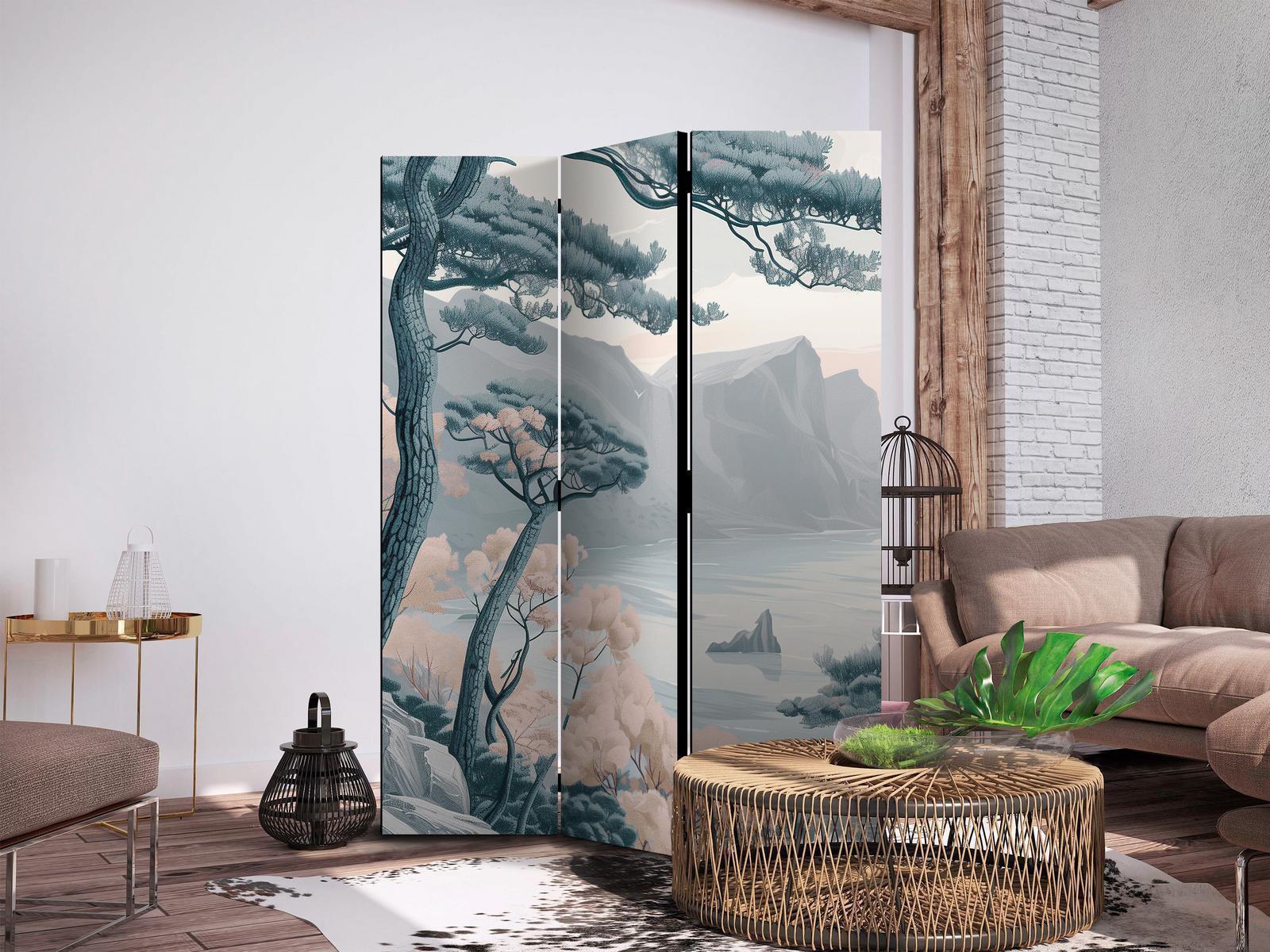 Paravent - Mountainous Coast with Trees and Rocks - in Light Pastel Blues Artgeist