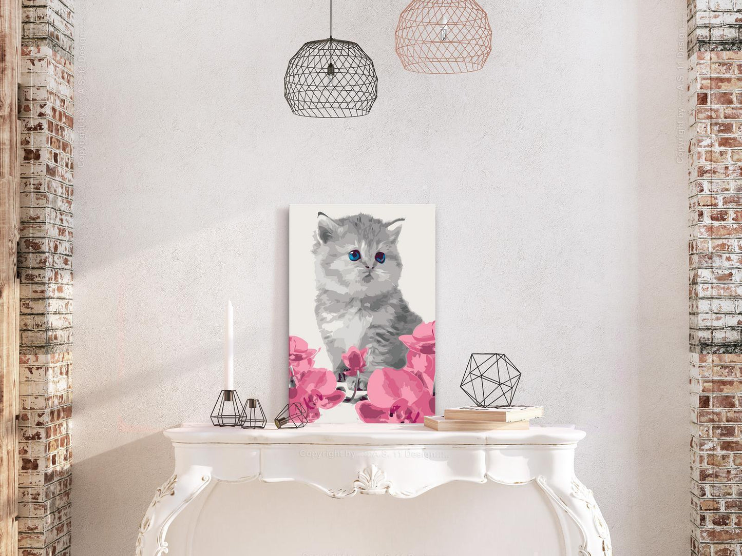 Kitty Cat Wandbild zum Ausmalen - Niedliche Katze mit Blumen Motiv mit nummerierten Feldern für entspannende Kreativität