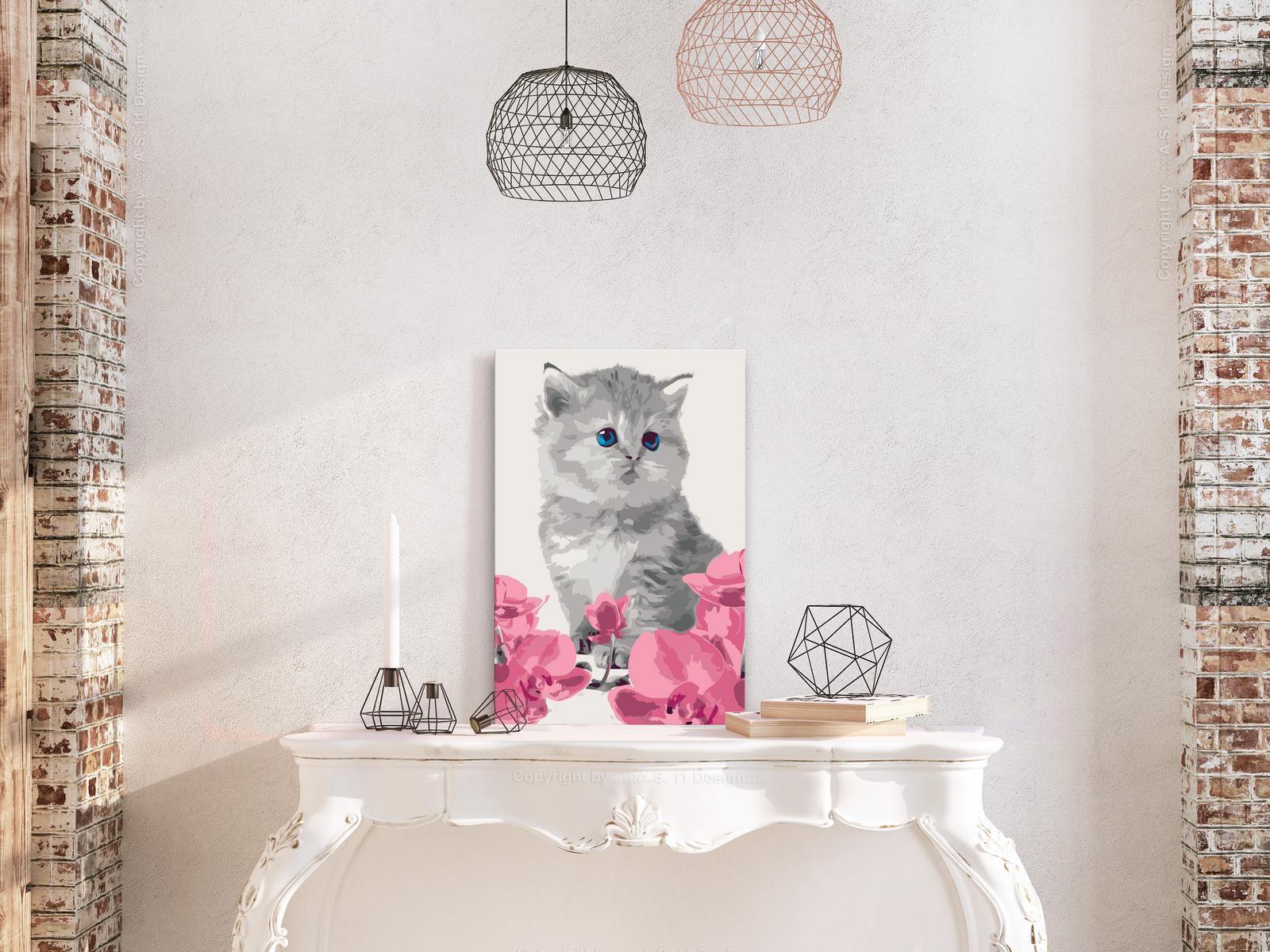 Kitty Cat Wandbild zum Ausmalen - Niedliche Katze mit Blumen Motiv mit nummerierten Feldern für entspannende Kreativität