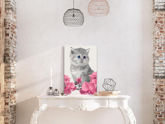 Kitty Cat Wandbild zum Ausmalen - Niedliche Katze mit Blumen Motiv mit nummerierten Feldern für entspannende Kreativität