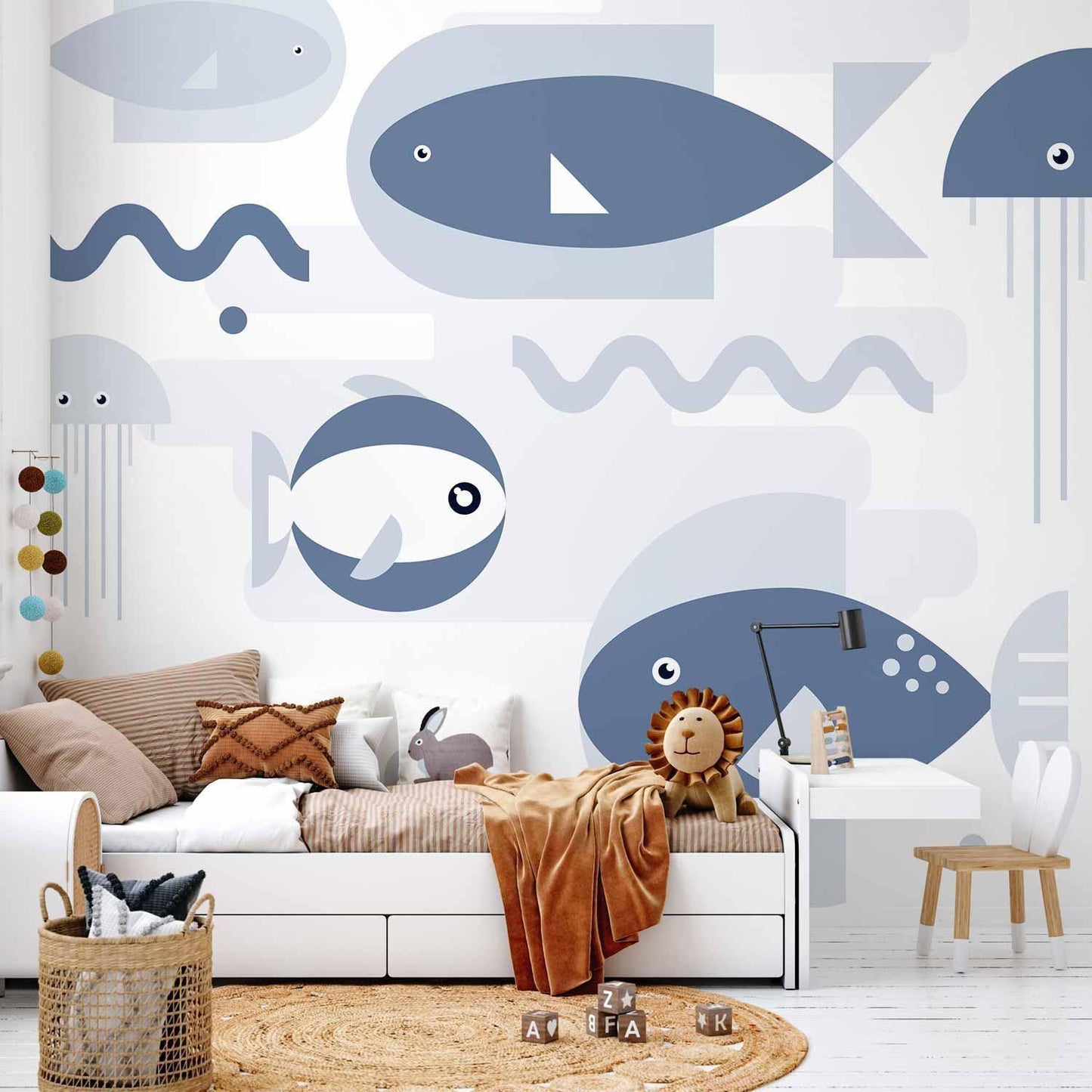Fototapete - Minimalist ocean - geometric fish and crabs in water for kids