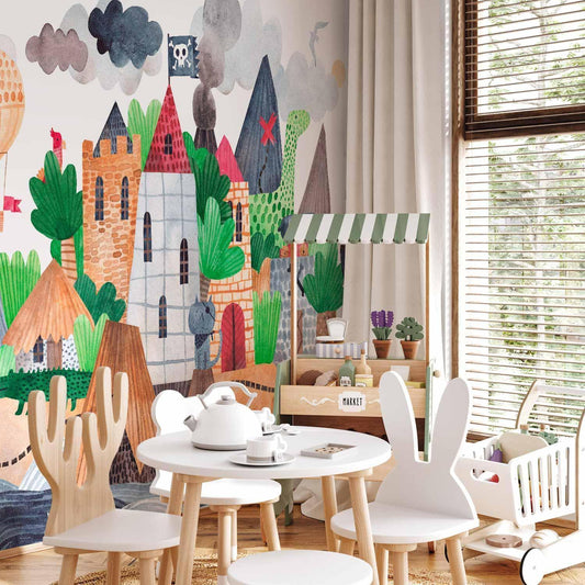 Fototapete Bunte Schatzinsel – Piratenschiff & Schloss fürs Kinderzimmer