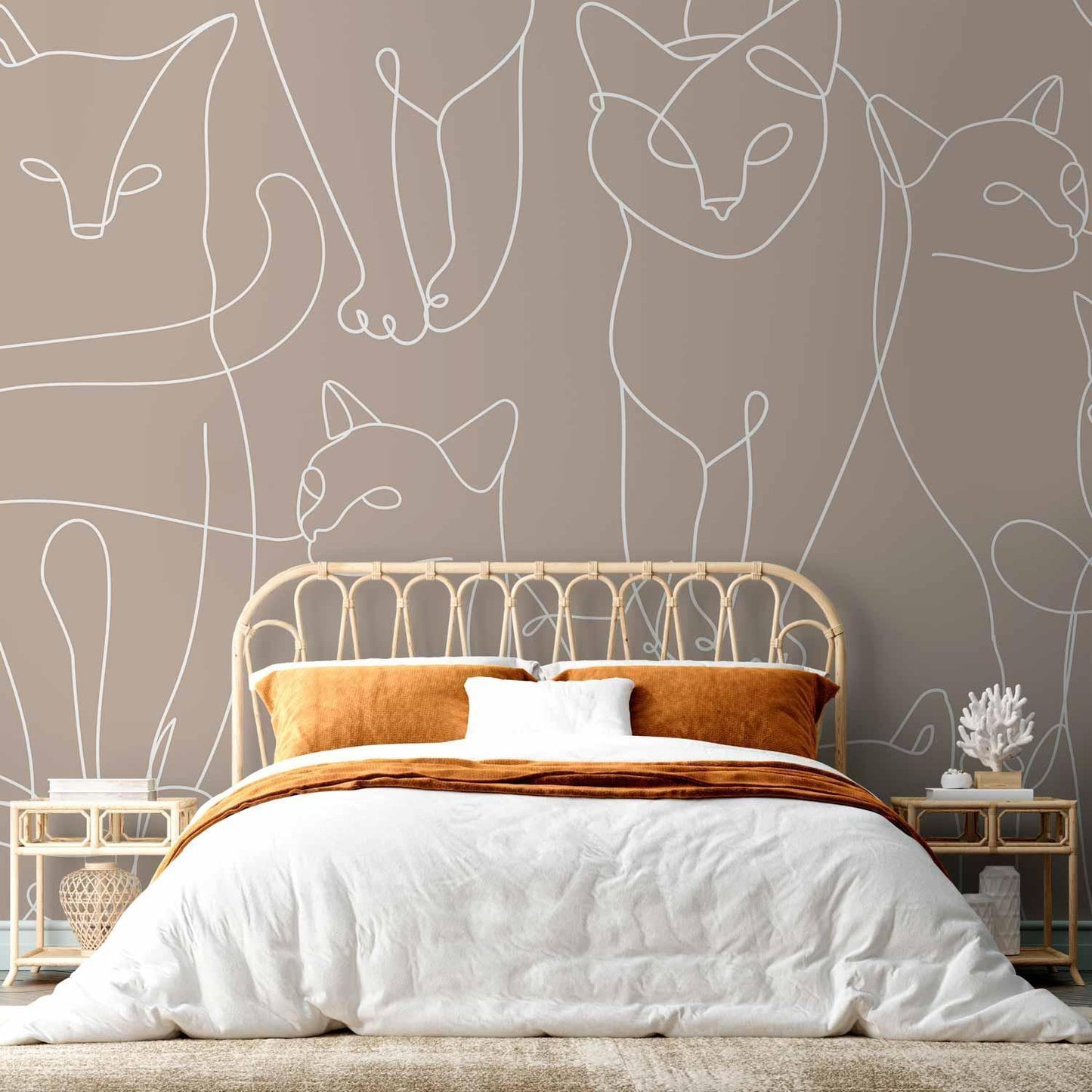 Fototapete - Cat lineart - minimalist sketches of white cats on beige background