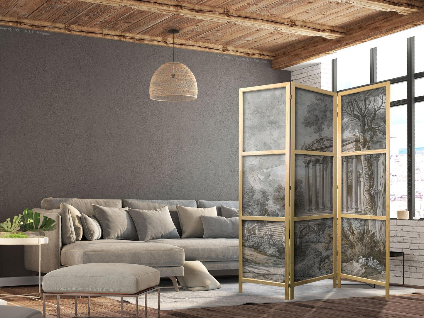 Japanischer Paravent - Antique Landscape - Greek Temple on a Hill Among Lush Vegetation