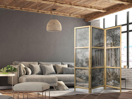 Japanischer Paravent - Antique Landscape - Greek Temple on a Hill Among Lush Vegetation