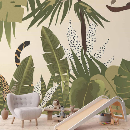 Fototapete - Leaves and Shapes - Jungle in Faded Colours With Animals Artgeist
