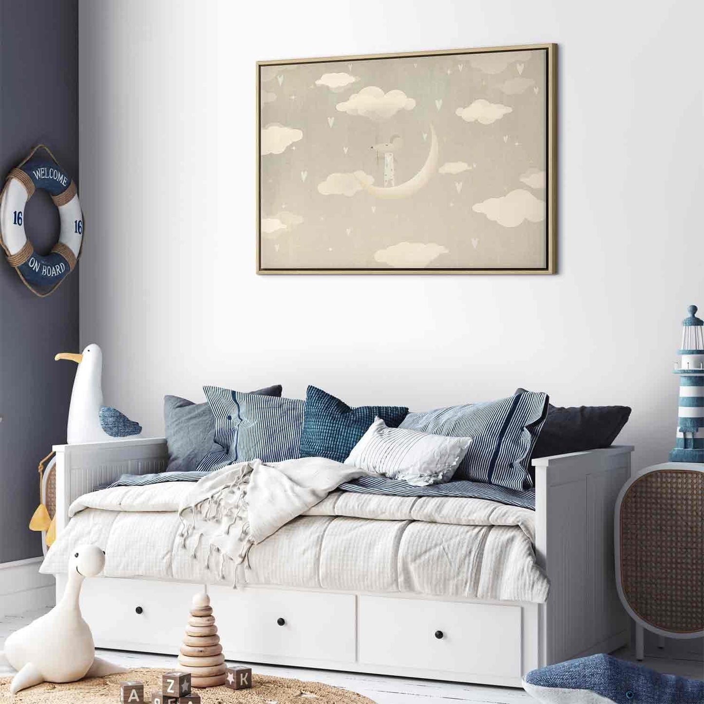 Leinwandbild - Little Conqueror - A Mouse in Heart Pajamas on the Moon Among Clouds Artgeist
