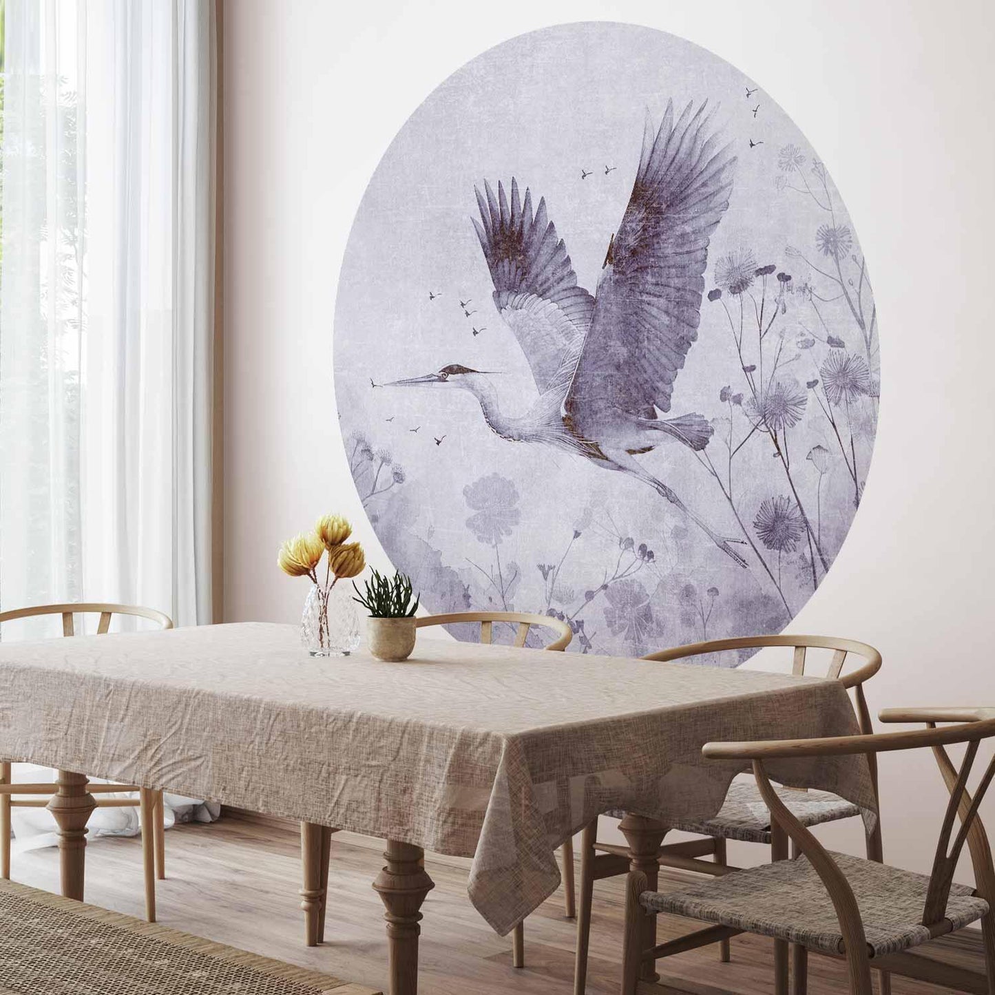 Runde Fototapete - Majestic flight - a crane in flight in monochrome