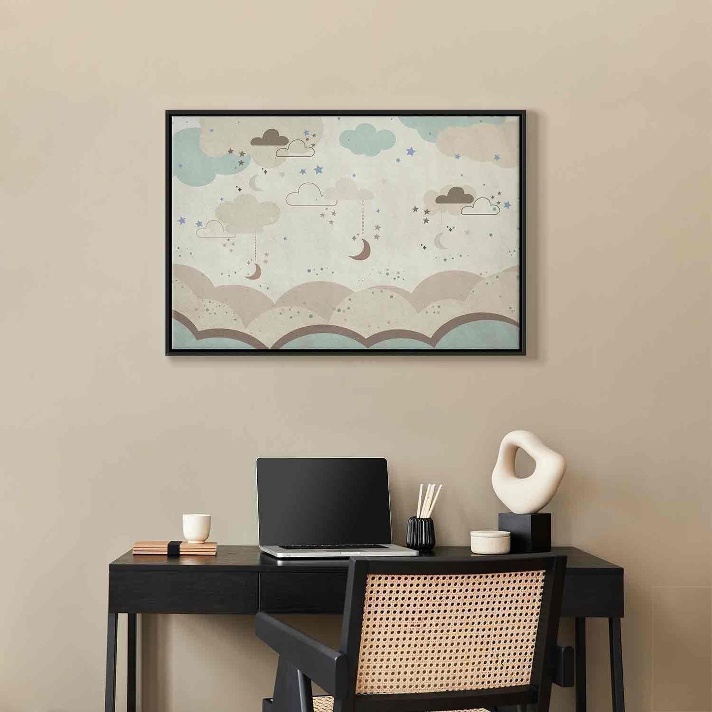 Leinwandbild - Cloudy Night Sky - Moons in Brown and Beige Hues Among Clouds and Numerous Little Stars on a Light Background Artgeist