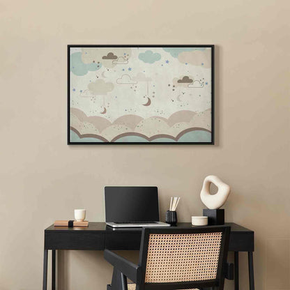 Leinwandbild - Cloudy Night Sky - Moons in Brown and Beige Hues Among Clouds and Numerous Little Stars on a Light Background Artgeist