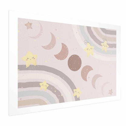 Poster featuring moon phases and rainbows with playful stars, ideal for stylish interior decor.