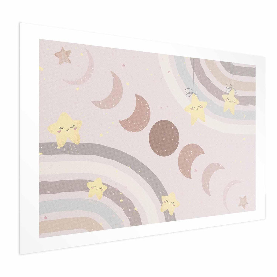 Poster featuring moon phases and rainbows with playful stars, ideal for stylish interior decor.