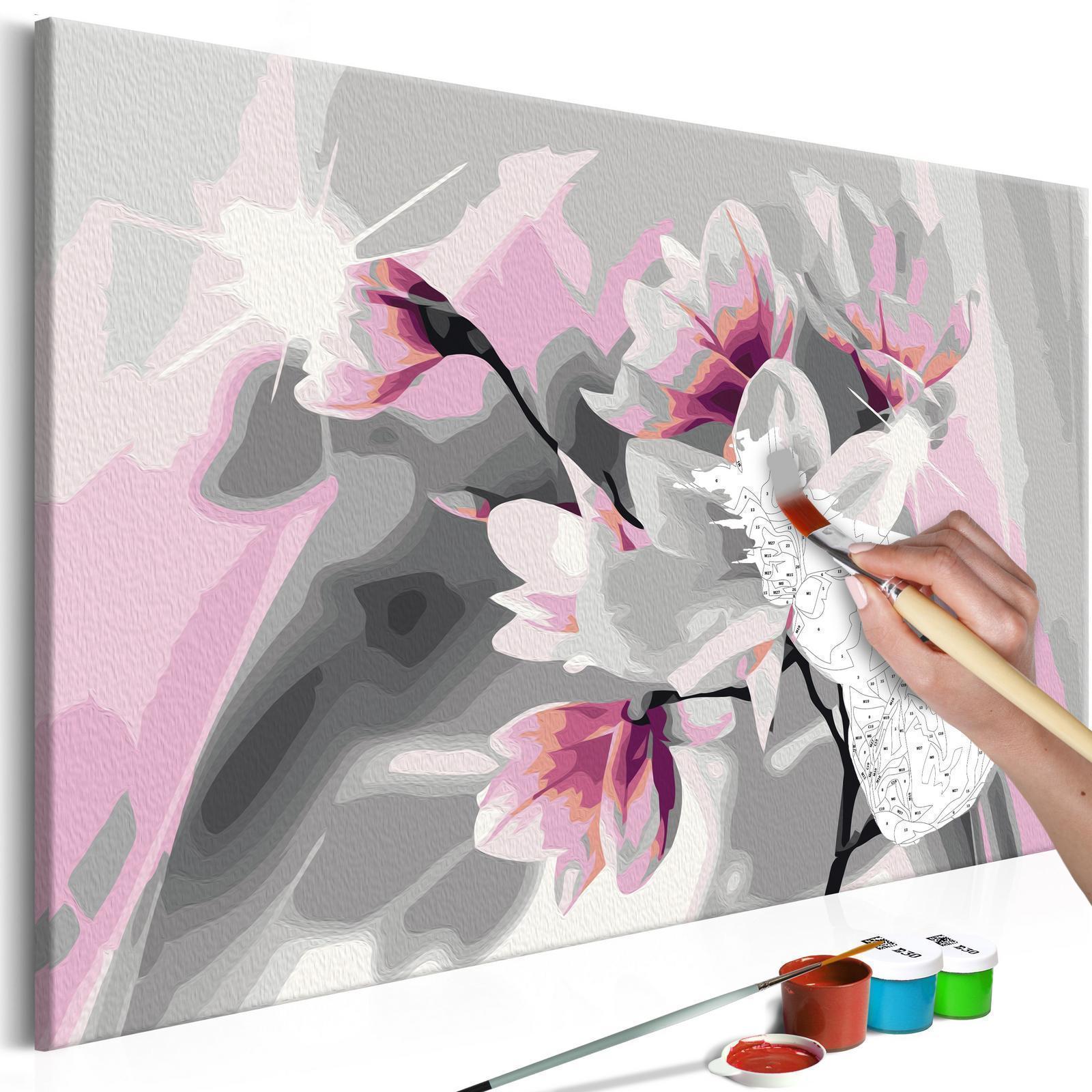 Wandbild zum Ausmalen Magnolia Grey Background Dekoration - elegante Magnolienblüte auf grauem Hintergrund als stilvoller Wandschmuck