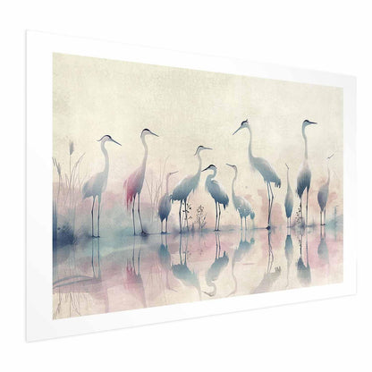 Watercolor poster featuring herons by the lake in gray-pink tones.