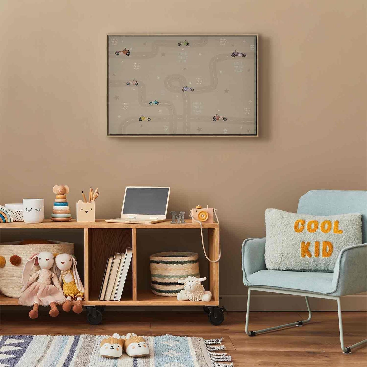 Leinwandbild - Race - Colorful Cars on a Road on a Beige Background with Inscriptions