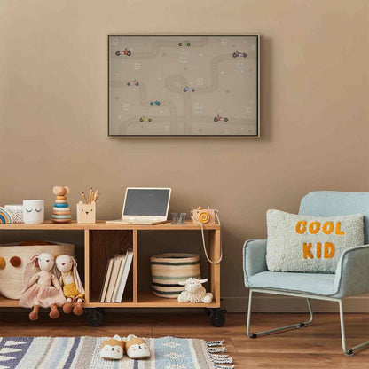 Leinwandbild - Race - Colorful Cars on a Road on a Beige Background with Inscriptions