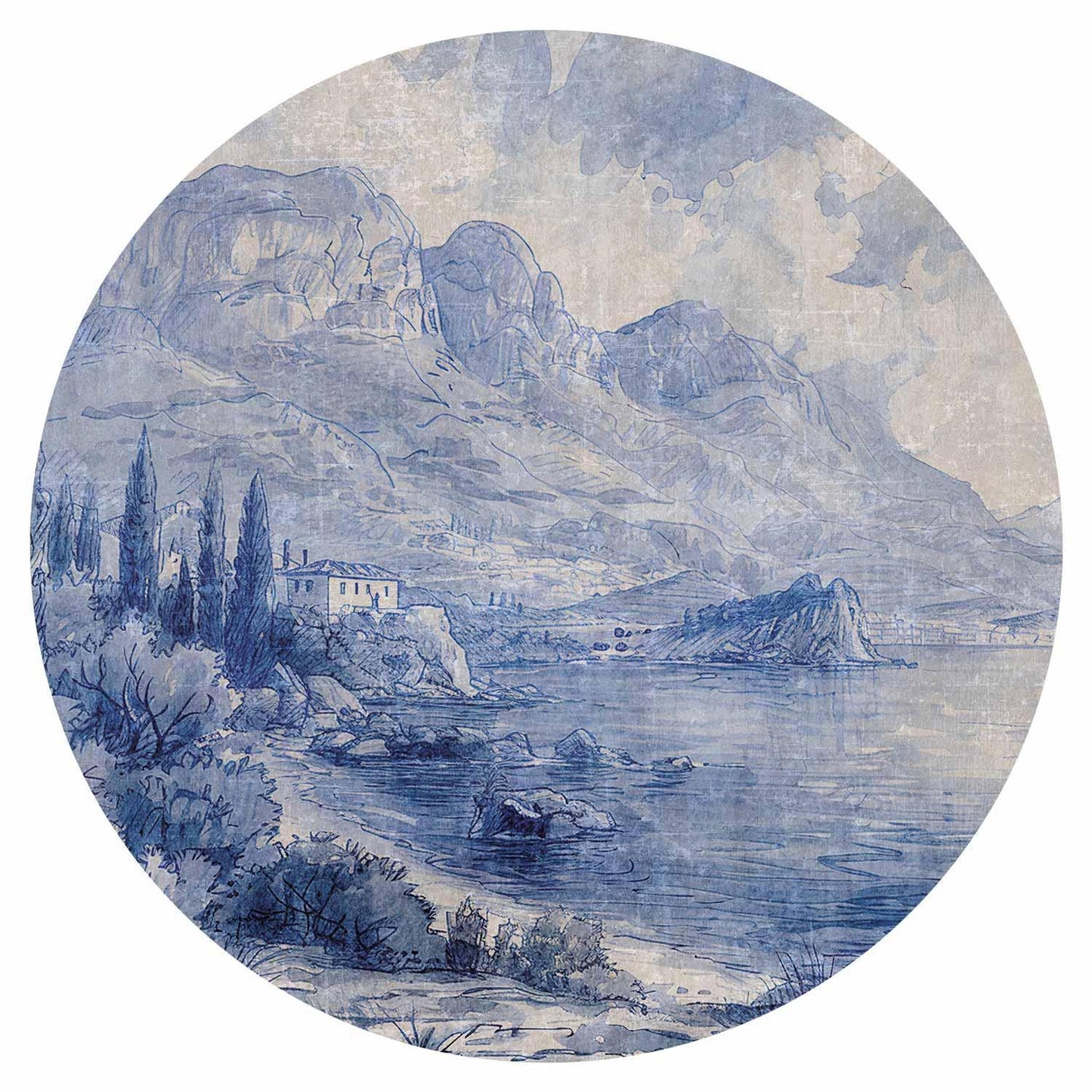 Runde Fototapete - Blue bay - Italian landscape of Lake Como painted with blue ink