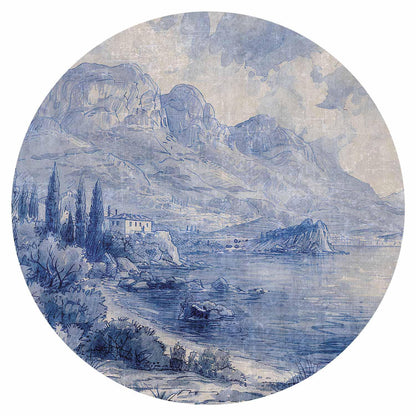 Runde Fototapete - Blue bay - Italian landscape of Lake Como painted with blue ink