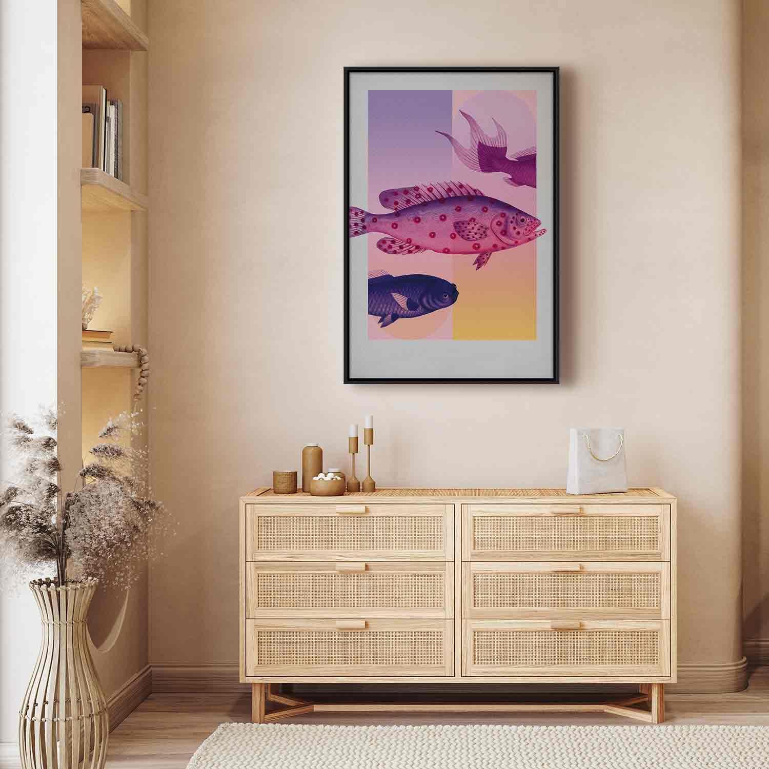 Leinwandbild - Fish in Pastels - Stylized Fish Against Gradient Shapes Artgeist