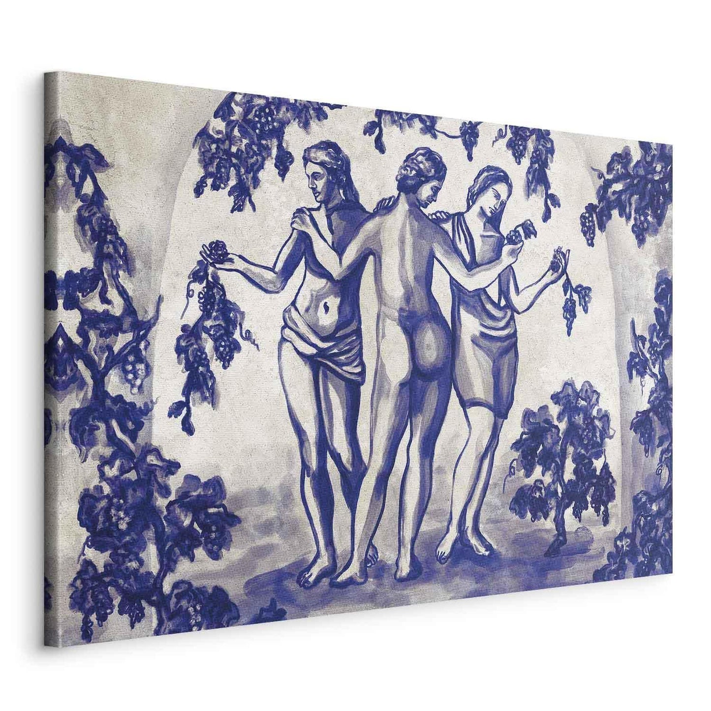 Leinwandbild - Ancient vineyard - three women in a portal painted with blue ink