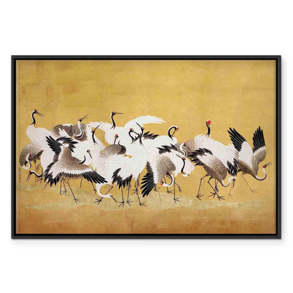 Leinwandbild - Japanese cranes - a flock of birds against a golden background based on a painting by Ishida Yūtei