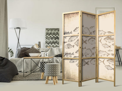 Japanischer Paravent - Sketch of a School of Fish - Sketches of Various Species of Fish Swimming in a School on a Beige Background in Vintage Style