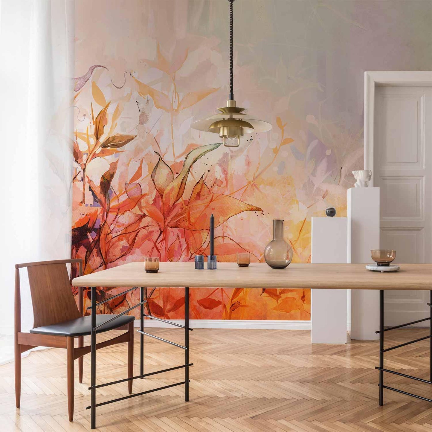 Fototapete - Flaming meadow - nature landscape with meadow of flowers and leaves in watercolour style