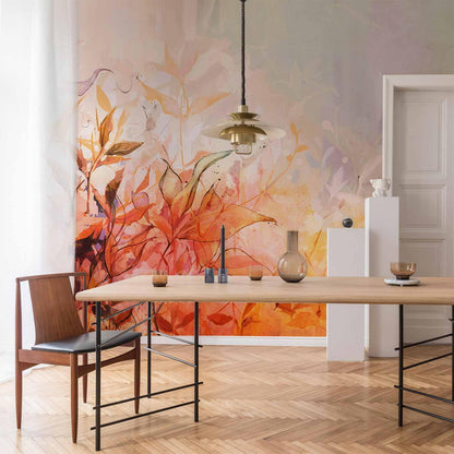 Fototapete - Flaming meadow - nature landscape with meadow of flowers and leaves in watercolour style