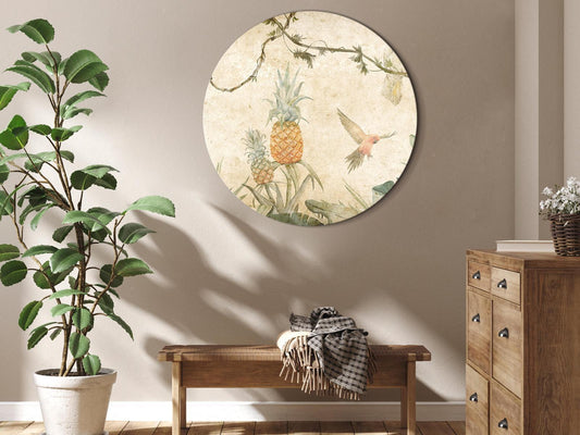 Rundes Bild - Tropics in muted colors - Parrots and pineapples amidst lush exotic flora in soft shades of green/Parrots in the jungle