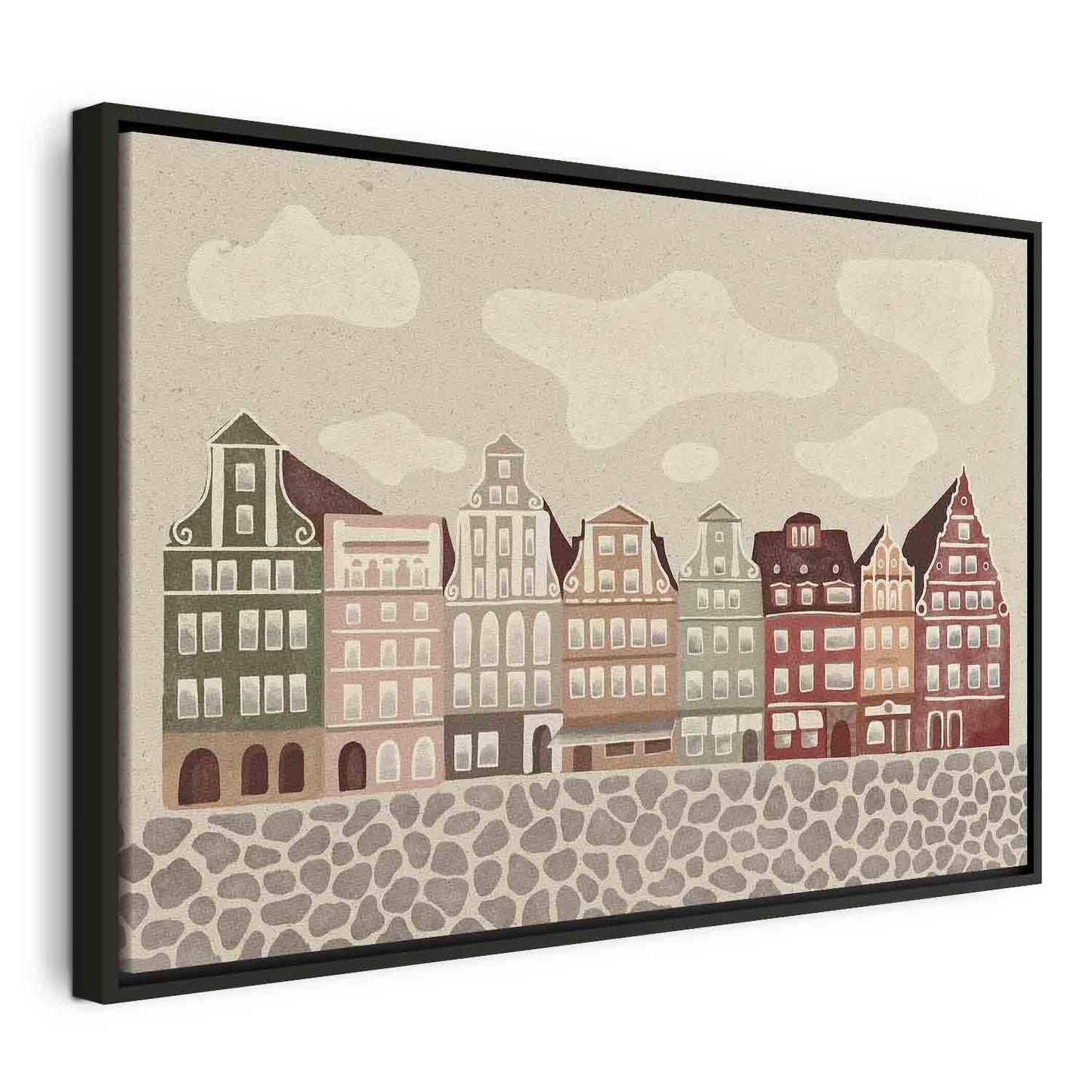 Leinwandbild - Salt Square - Colorful Illustrated Townhouses Against a Cloudy Sky Background Artgeist